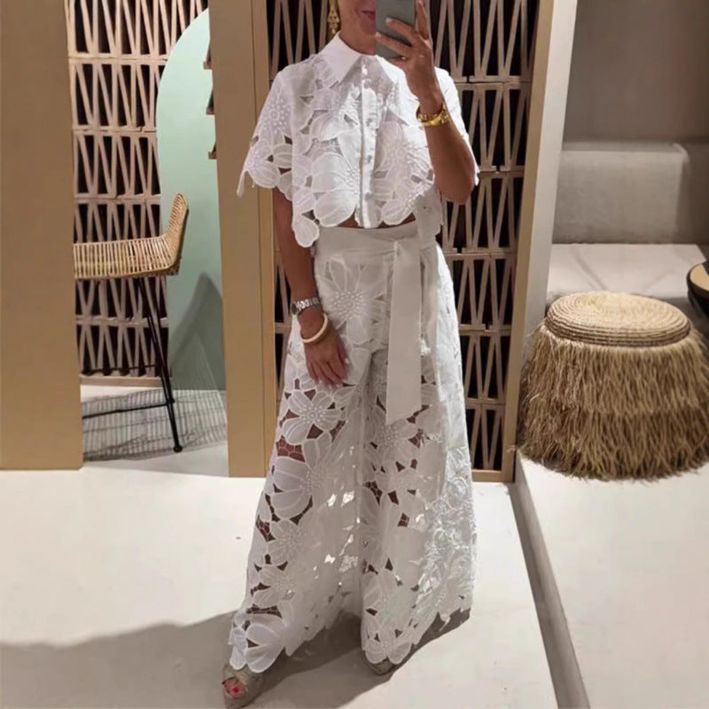 Witte Zomerse Set - Kant Crop Top en Wijde Broek - StudioMarella