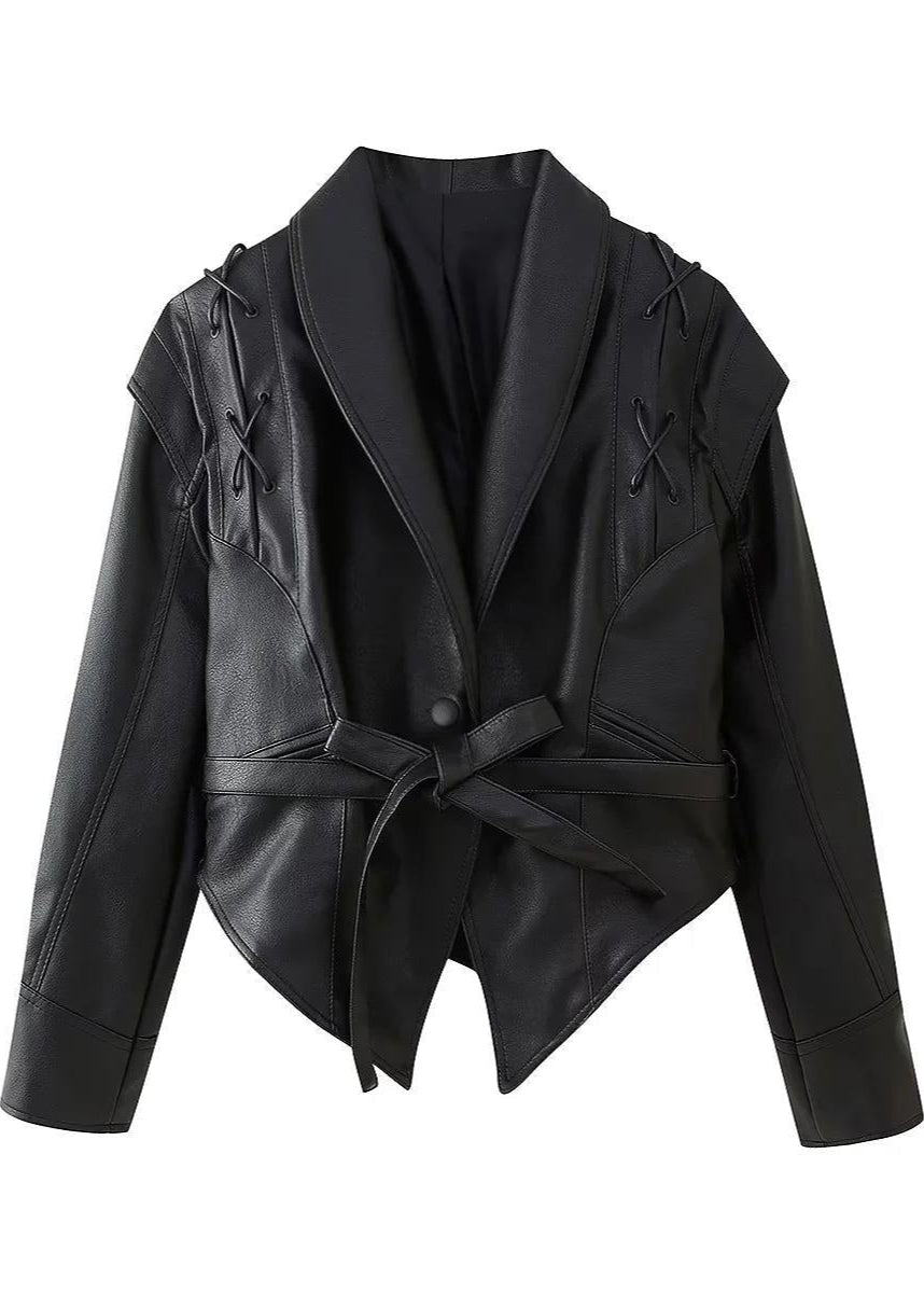 Dames Blazer Leren Look Zwart met Riem en Schouderdetails