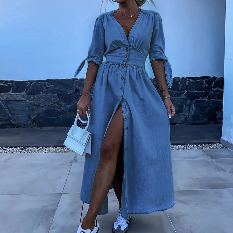 Blauwe Denim Maxi Jurk met Knopen en Puffmouwen