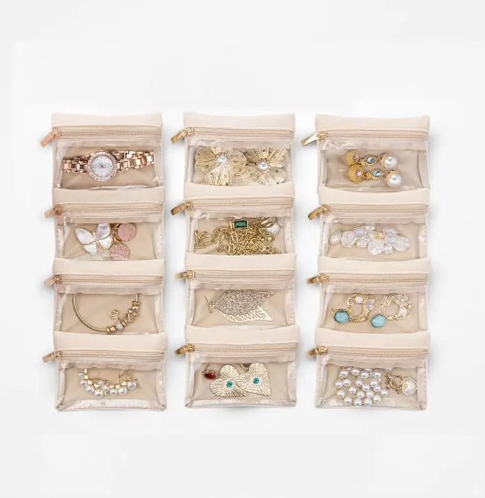 Sieradendoos met Transparante Vakjes 21,5 cm Wit Groen Blauw Roze Zwart PU-Leer Flanel Voering 12 Ritszakjes Ringendoos Kettinghouder Oorbellen Opbergen Sieraden Opbergdoos Juwelendoos Organizer Dames