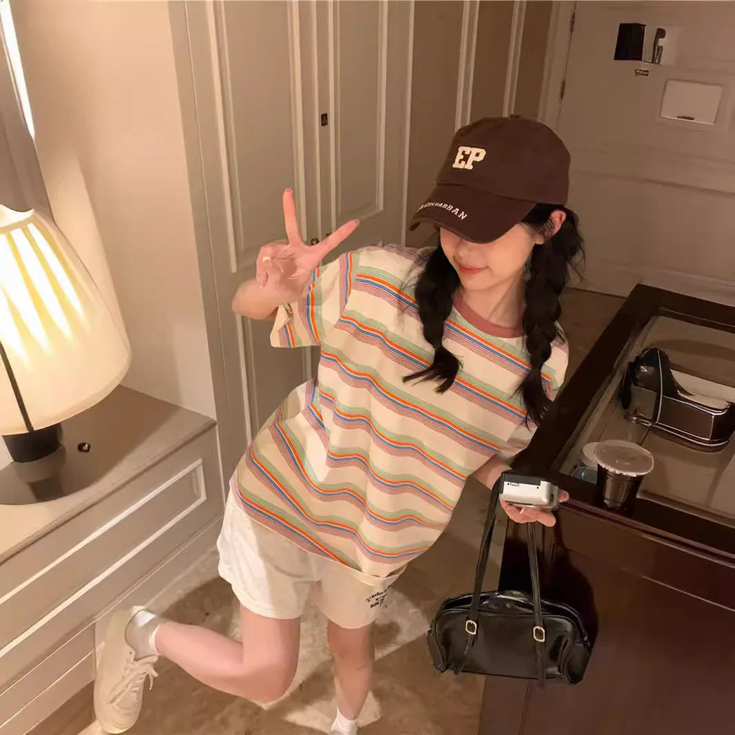 Vrouwelijke Zomer Blouse met Retro Strepen