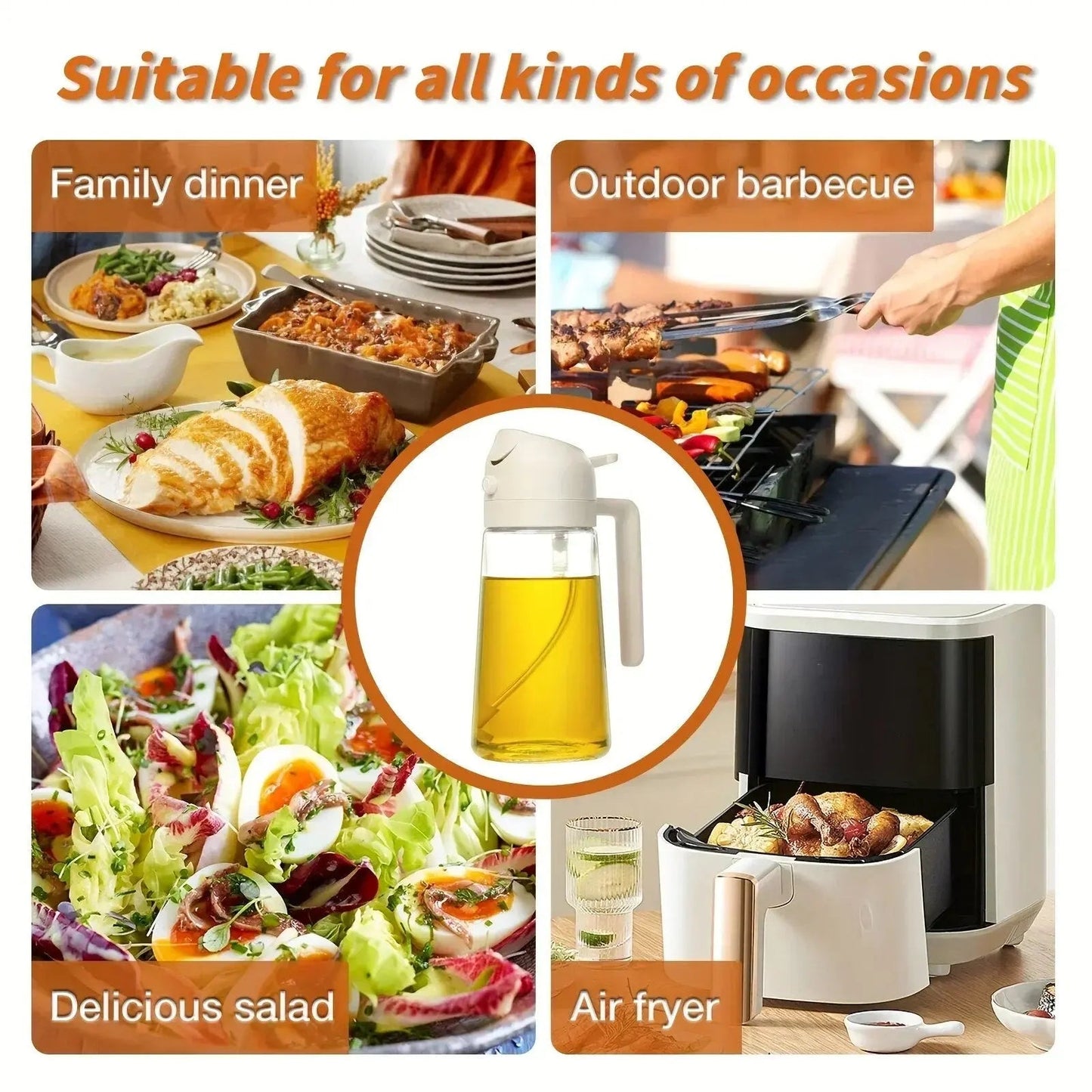 Oliespuit Dispenser 2-in-1 Spray en Schenken Glas 470ml Keuken Koken BBQ