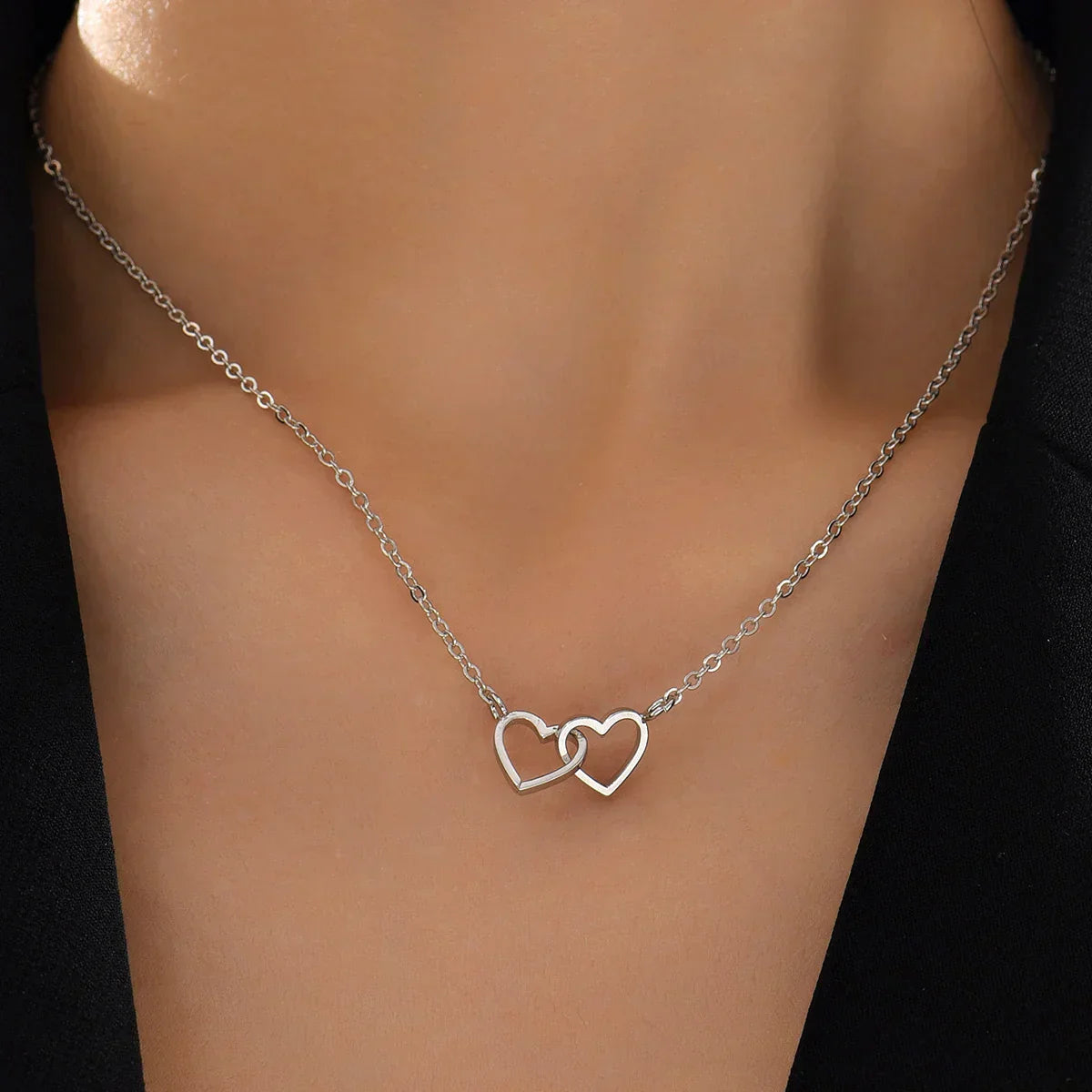 Ketting Hartjes Dubbele Zilverkleurige Halsketting