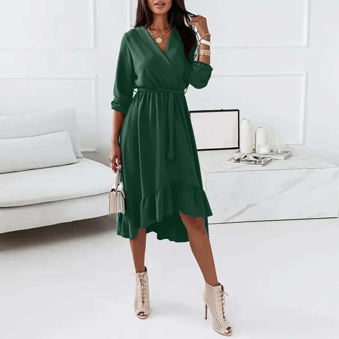 Jurk Lange Mouwen Zomerjurk Wikkeljurk Vrouwelijk Model