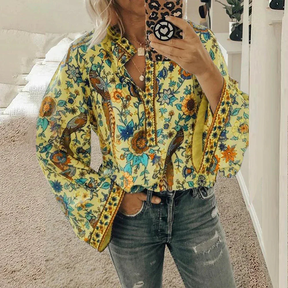 Bloes met Bloemenprint Boho Stijl Vrouw