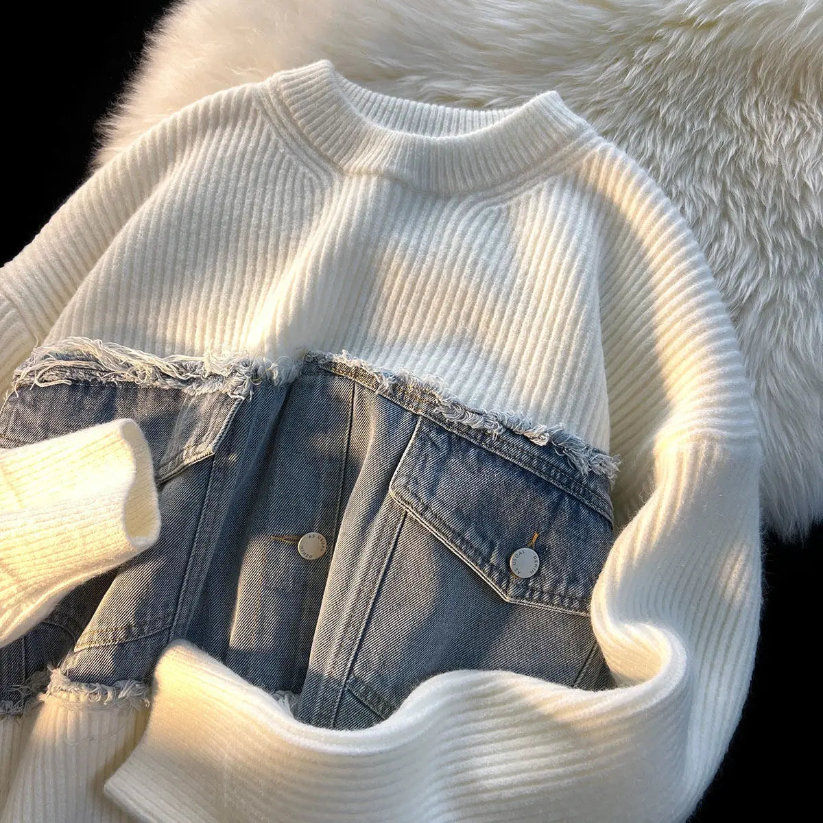 Blauwe Denim Trui Patchwork Heren