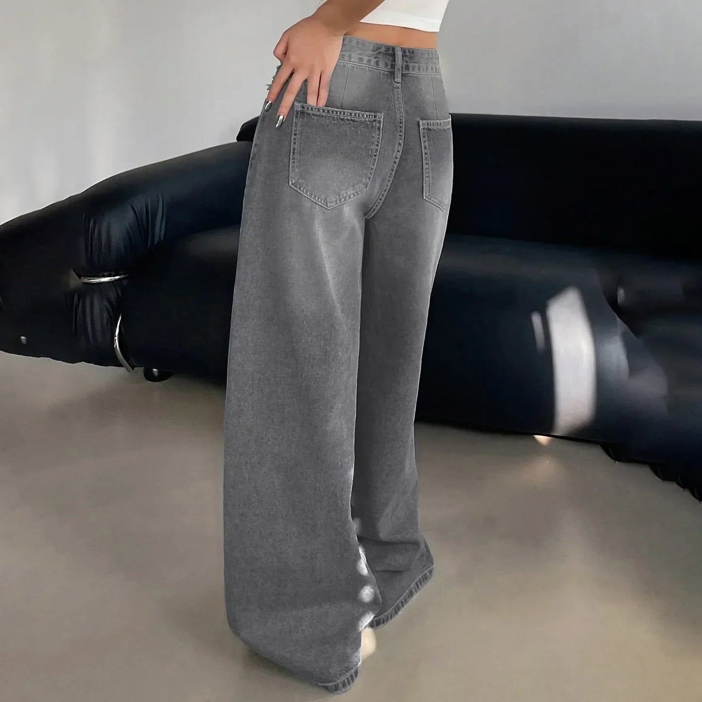 Dames High Waist Jeans Oversized Grijze Zwart Blauwe Kleuren
