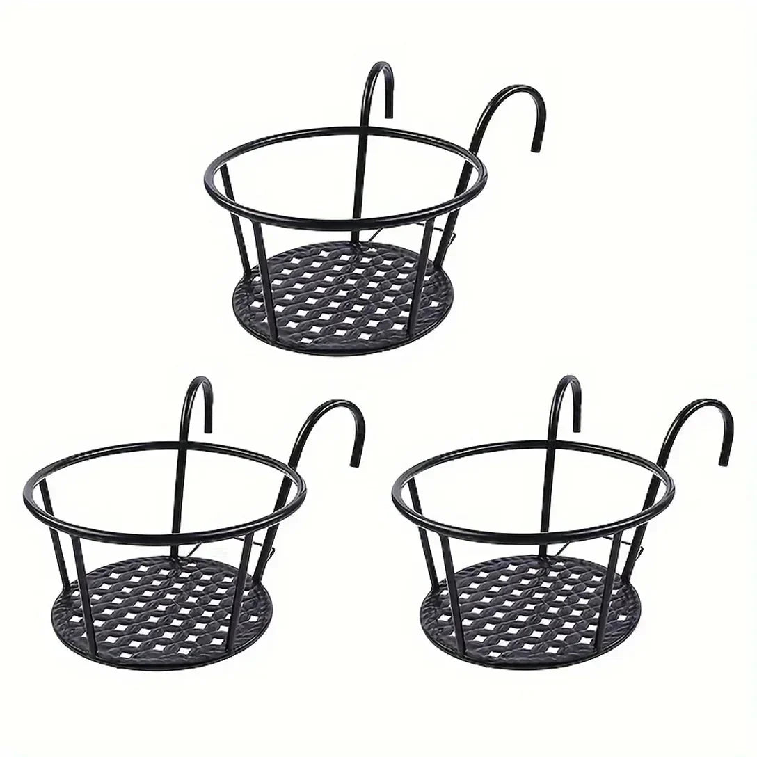 Hangende Bloempothouders Metaal Zwart voor Balkon – 3 Stuks met Ophanghaak 22 cm Doorsnede