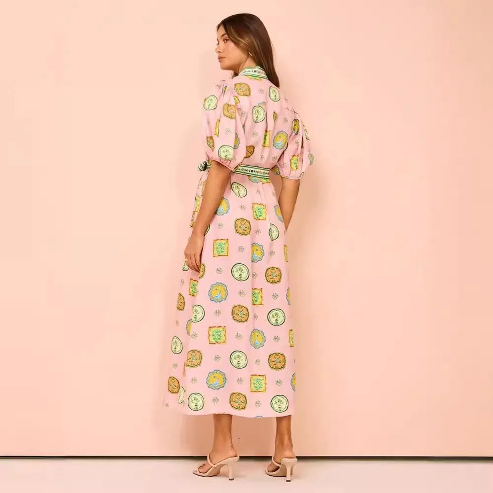 Vrouwelijke Jurk Korte Mouwen Bloemenprint ZomerJurk Retro