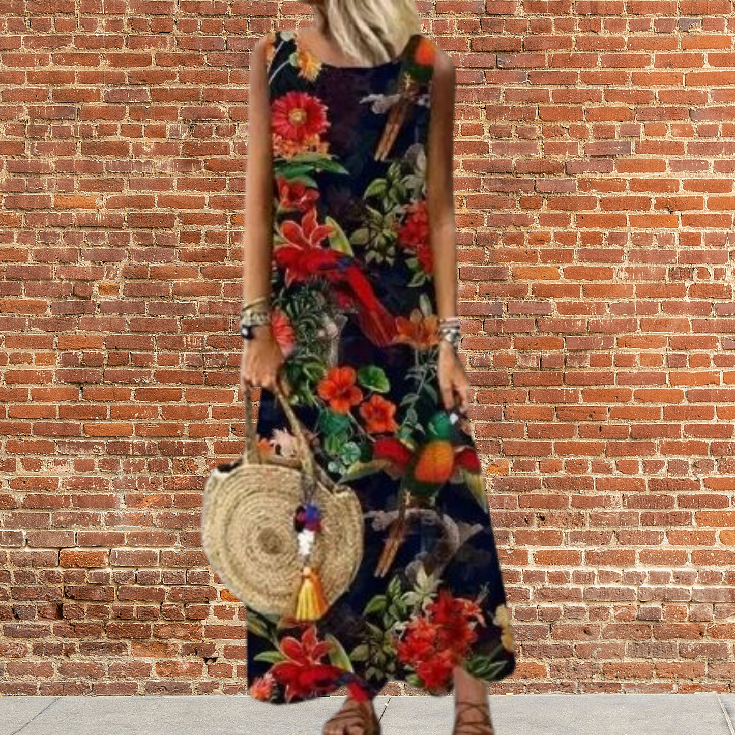 Lange Jurk voor Vrouw Bloemenprint Ronde Hals Zomerjurk