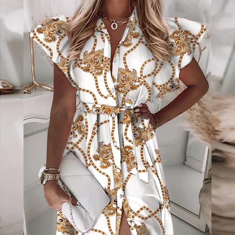 Zomerjurk V-Hals Korte Mouw Jurk met Knoopsluiting Print