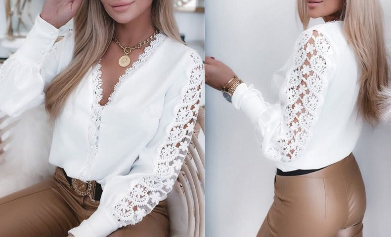 Vrouwelijke V-Hals Top in Pizzo Feestelijk Design