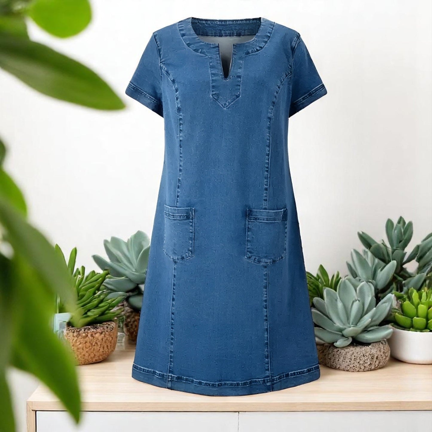 Savanne | Zachte Denim Midi-jurk Dames Met Pockets 2