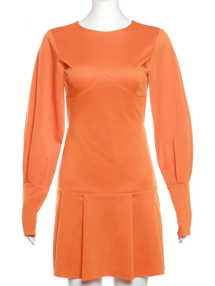 Korte Oranje Jurk met Lange Mouwen voor Dames