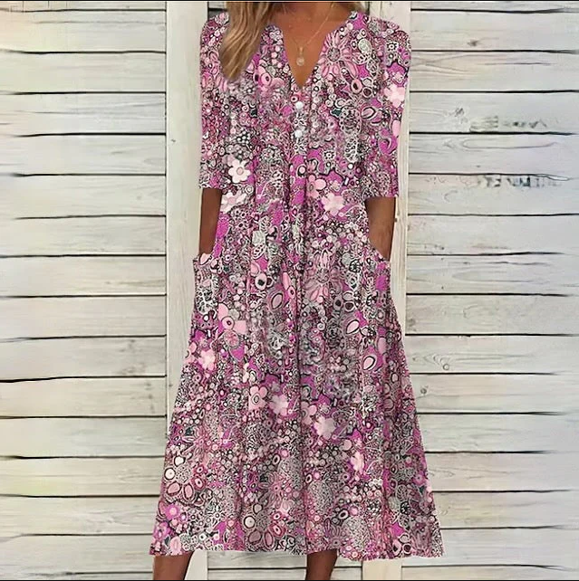 Midi Jurk Bloemmotief Elegante Vrouw