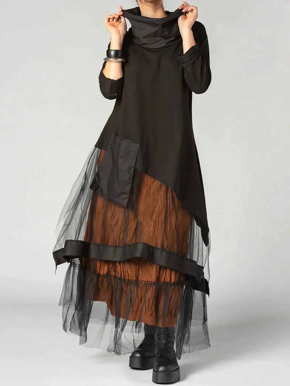 Jurk Lange Mouwen Ronde Hals Patchwork Boetiek Stijl