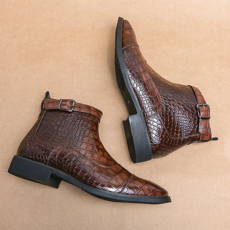 Heren Enkellaars Luxe Leer met Croco Print