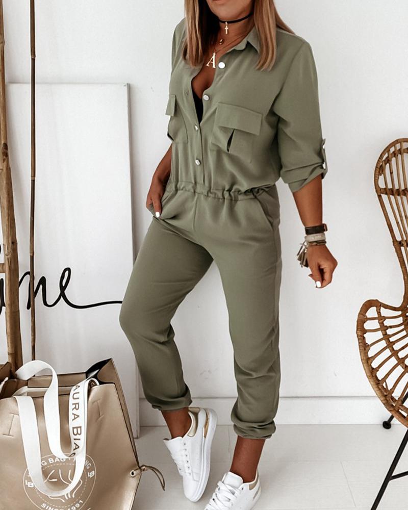 Lange Jumpsuit Met Elastische Taille en Mouwen