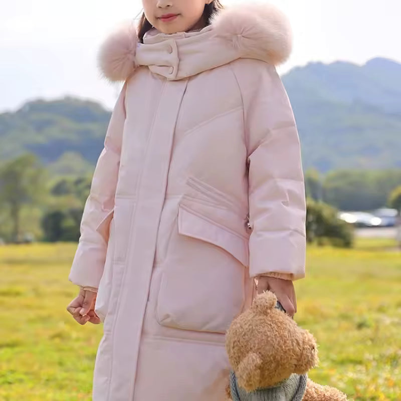 Winterjas Kinderen Katoen Polyester Zwart Meisjes Capuchon Warme Jas Winterjas Meisjes Lange Jas Met Bontkraag Dagelijks Gebruik