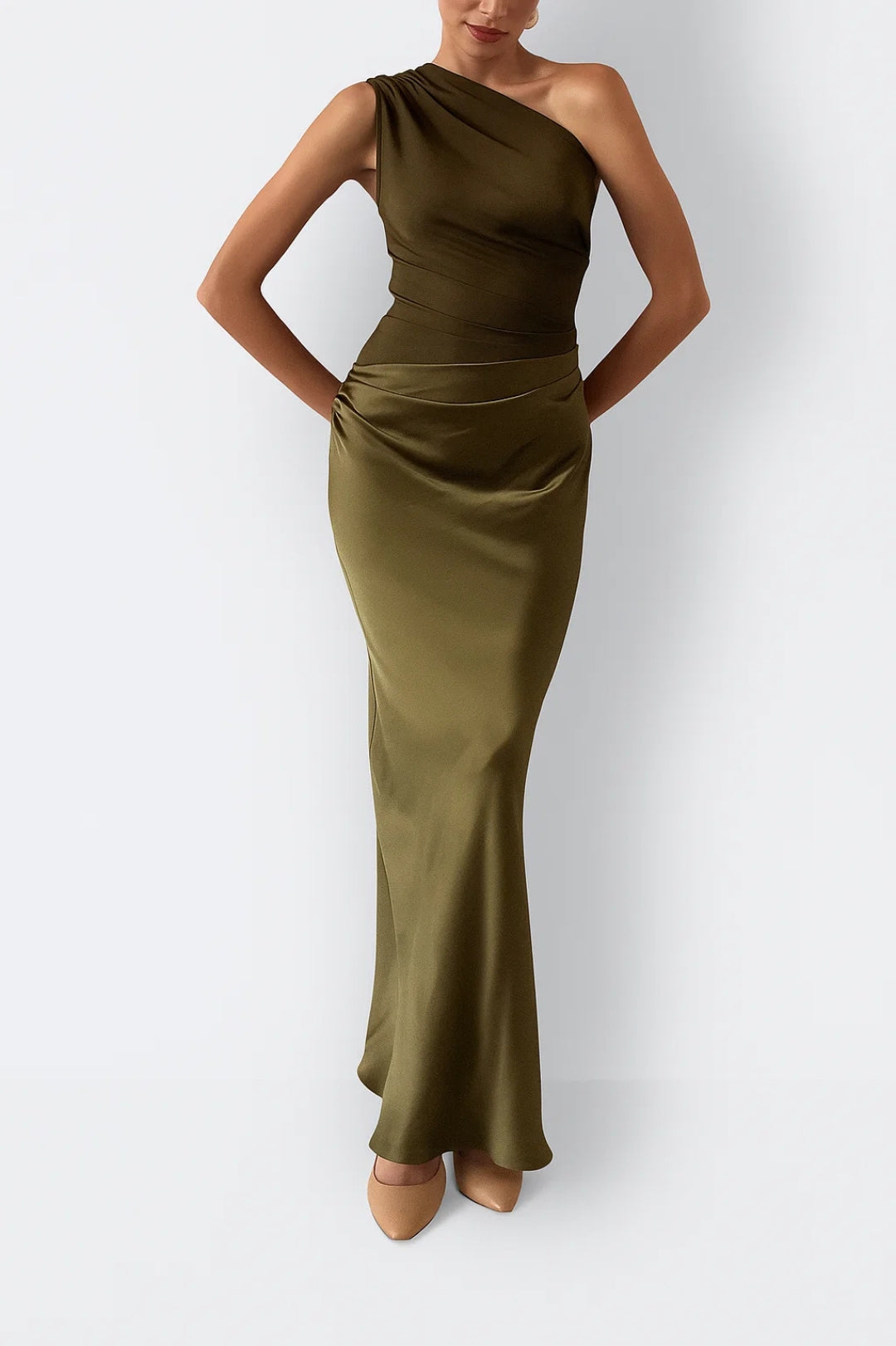 Dames Maxi Jurk One Shoulder Strak Geplooide Taille