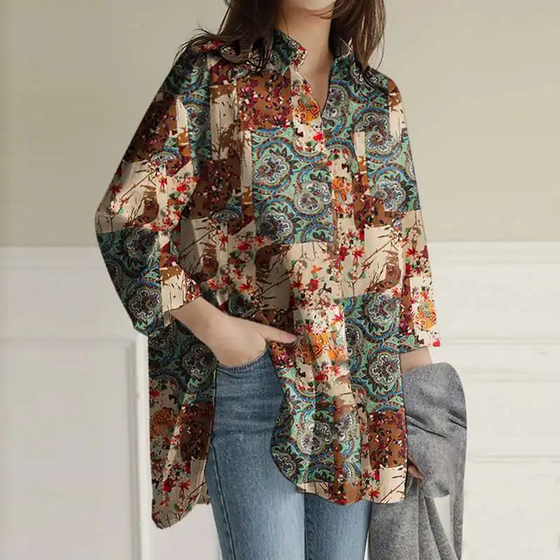 Vrouwelijke Bloes met Bloemenprint Retro Look