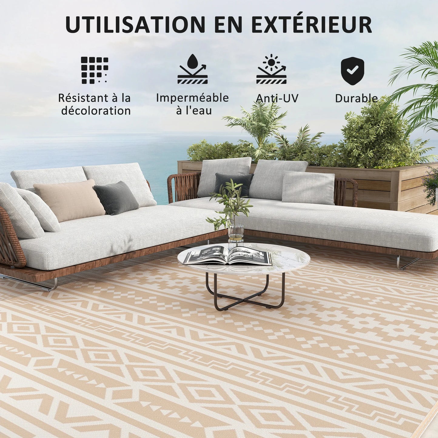 Buitenkleed Omkeerbaar 365x274cm Beige Polypropyleen Tuinkleed Camping Picknick Terras Vloermat Opvouwbaar Transporttas