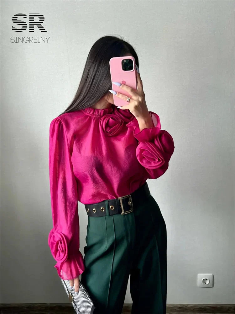 Bloemen Blouse Mesh Stof Vrouwelijk Design