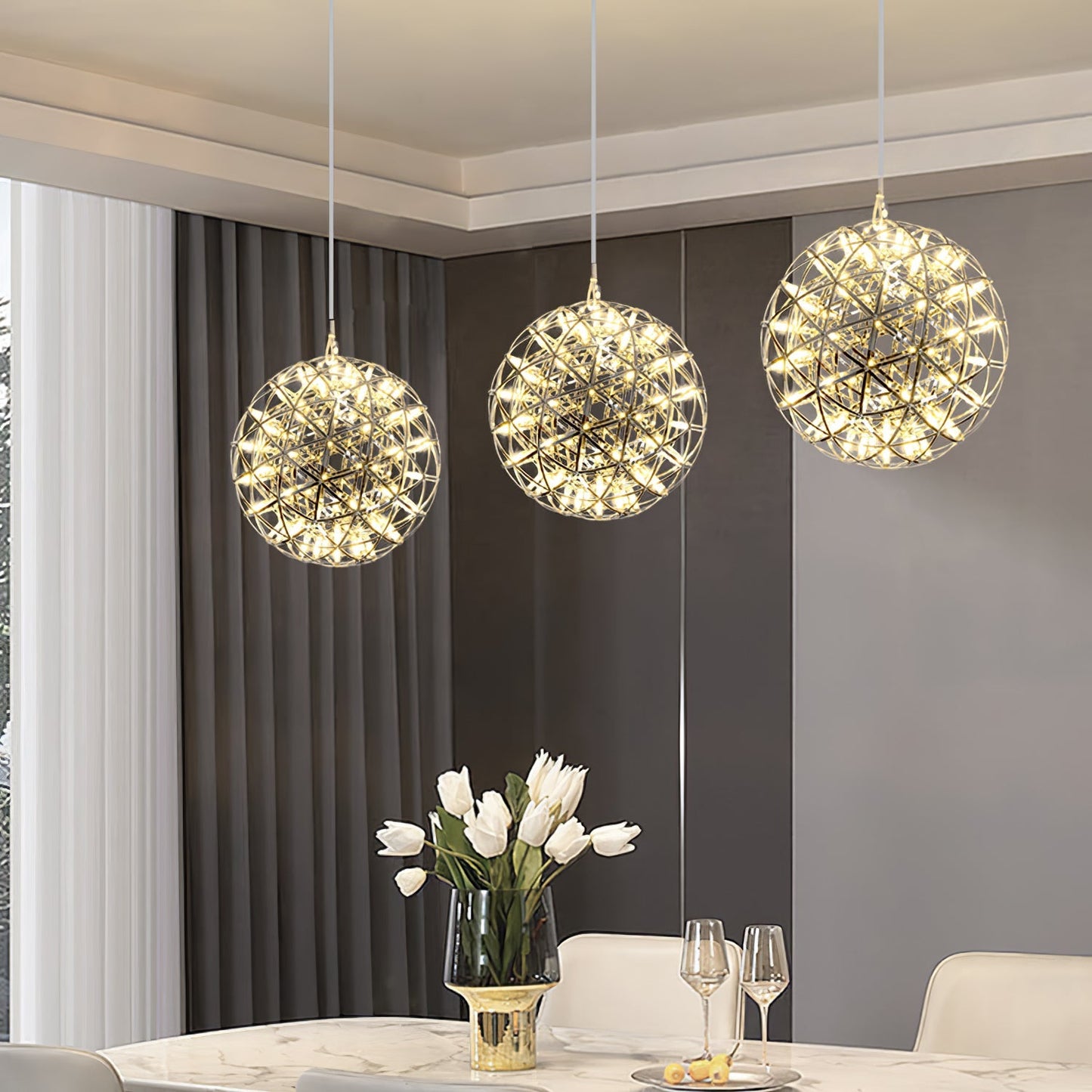 LED Hanglamp Bol Zilver Sfeerverlichting Moderne Lichtbol met Dimbare Lichtpunten Transparante Kristalbol Decoratief Scandinavisch Warm Wit Industrieel Design Interieurlamp