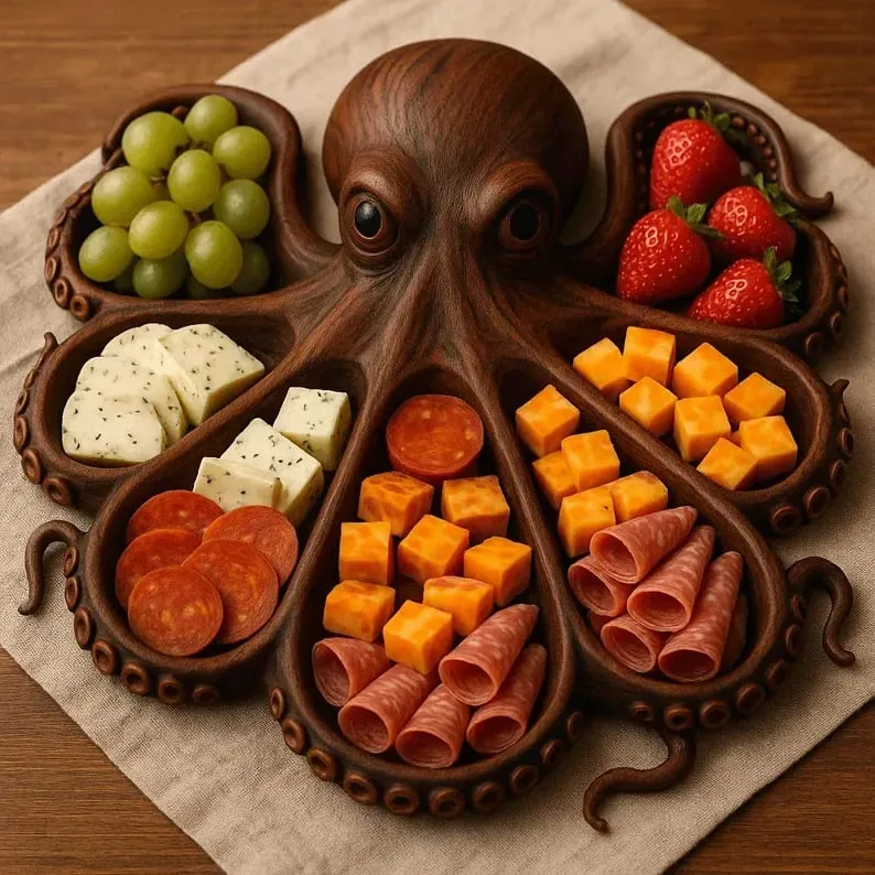 Handgesneden houten serveerplateau in octopusvorm met tentakels – natuurlijk hout tafelservies decoratief schaaltje tapas charcuterie borrelplank