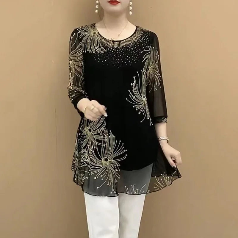 Vrouwelijke Blouse Mesh Stof Retro Stijl