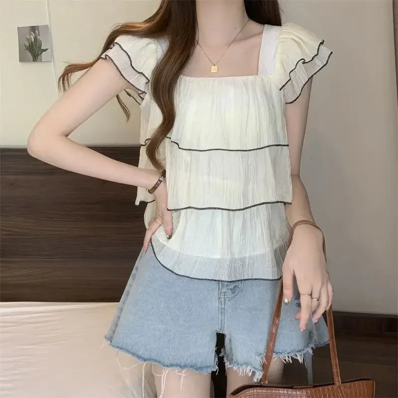 Vrouwelijke Blouse met Ruches en Vierkante Kraag