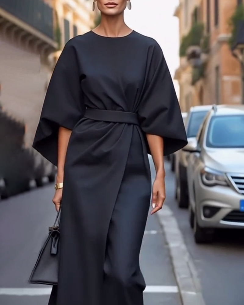 Vrouwen feestelijke en stijlvolle driekwart mouwen met elegante riem Midi zomerjurk - Paulien