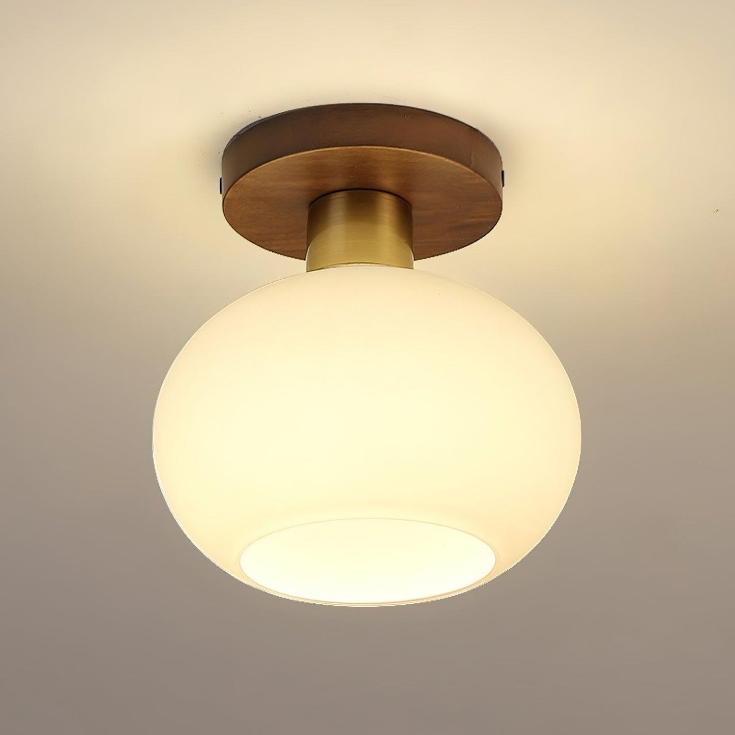 Plafondlamp Walnoot Koper Glas Wit Ø18cm Woonkamer Slaapkamer Gang Opaalbol Plafonnière Retro Sfeerverlichting