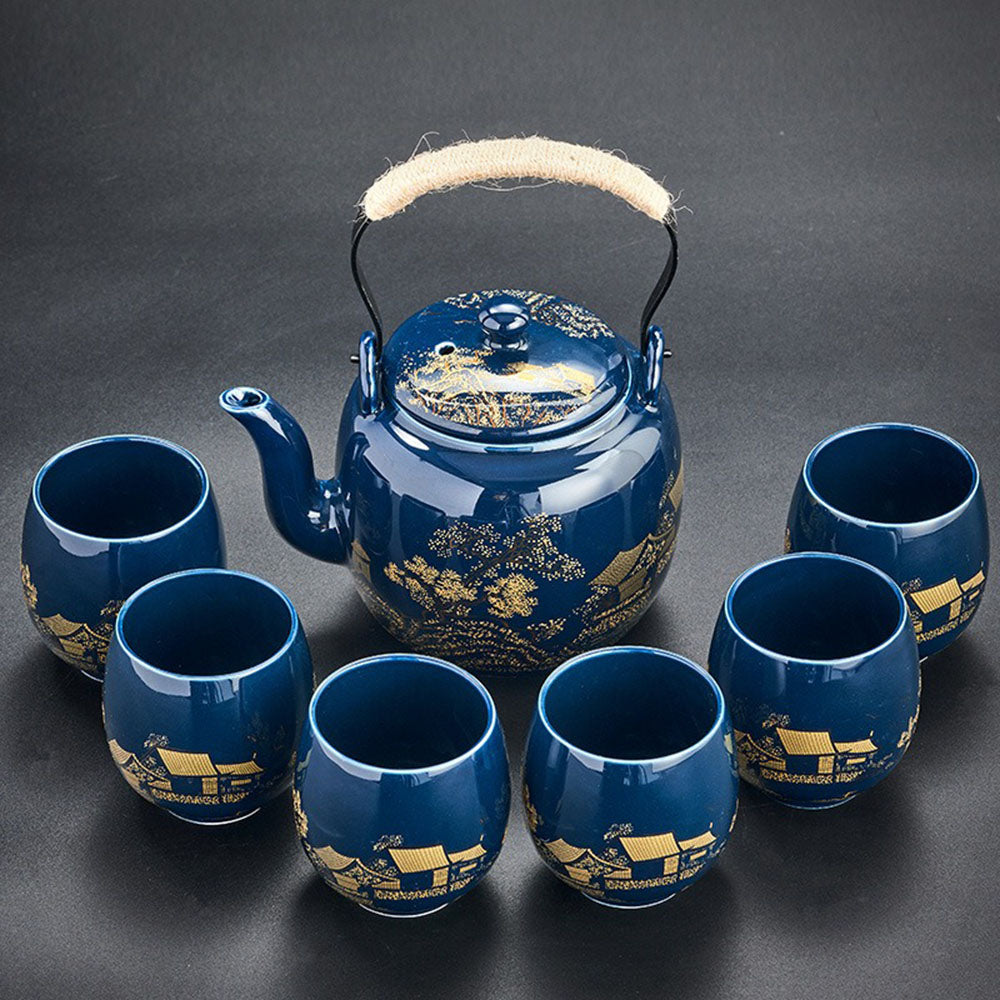 Japanse Gongfu Theeset Met Dienblad Porselein Blauw Berglandschap 8 Delig