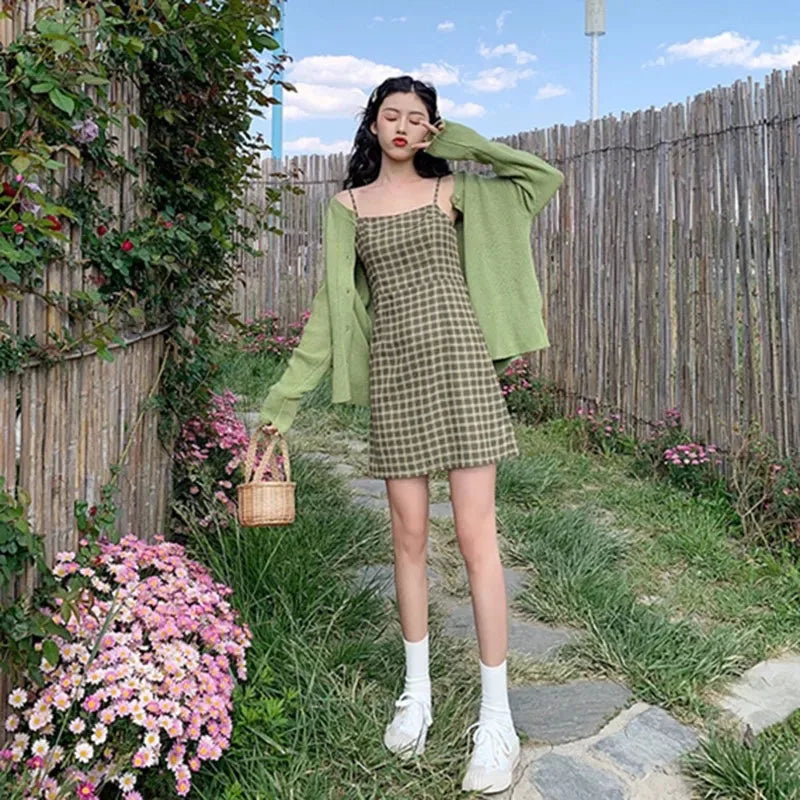 Groene Vintage Ruit Jurk Zomerse Avocado Stijl
