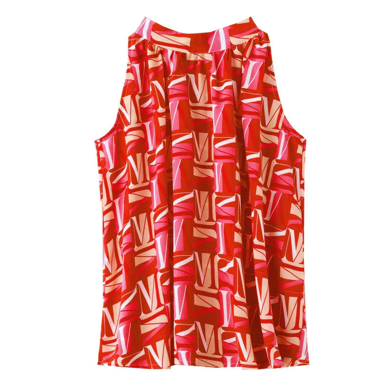 Vrouwelijke Chiffon Blouse Mouwloos met V-hals en Letterdruk