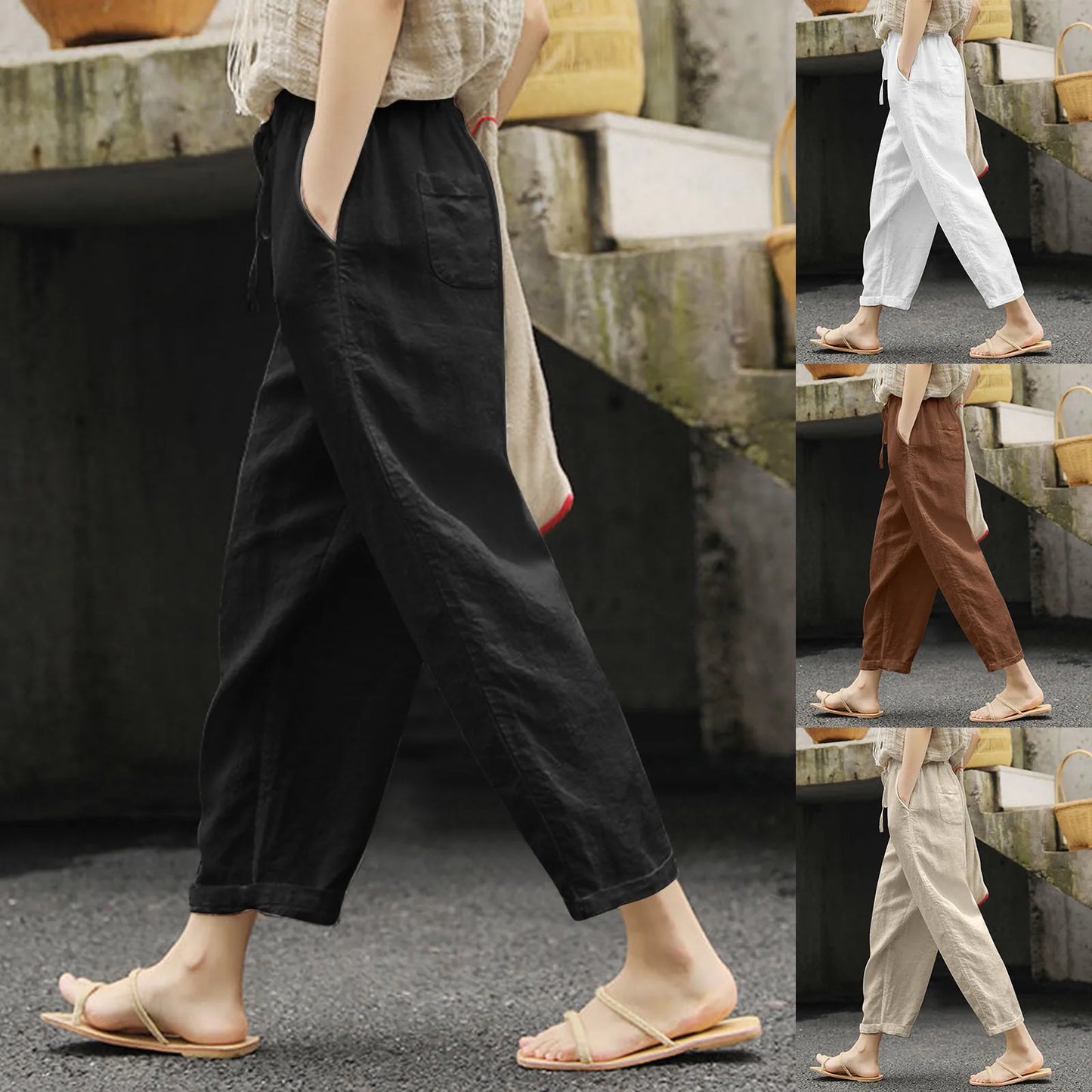 Dames Broek Zomerse Linnen Katoen Effen Kleur met Zakken