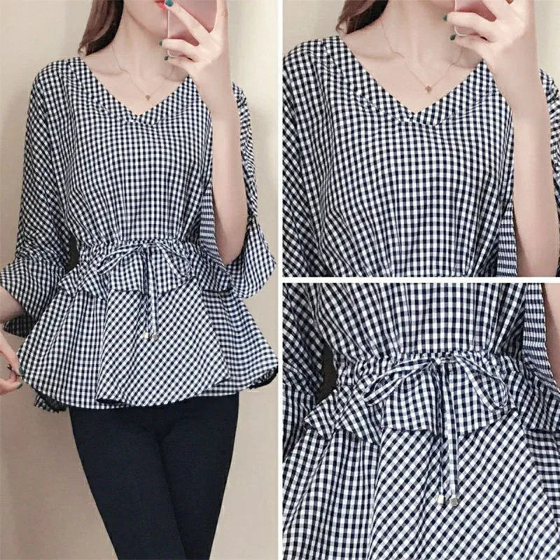 V-hals Blouse Geruit Zomerse Jurkachtig Model