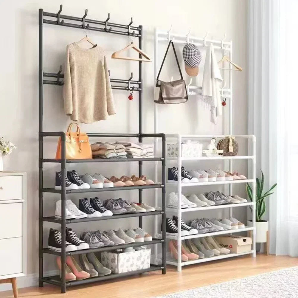 Schoenenrek Met Kapstok Zwart 5 Lagen Staal Hal Organizer