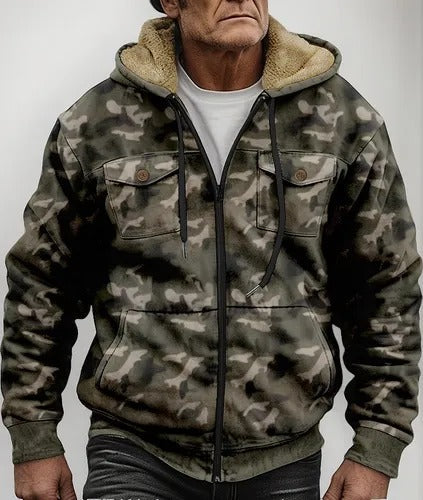Militaire Cargo Jacket met Kap en Camouflage Print
