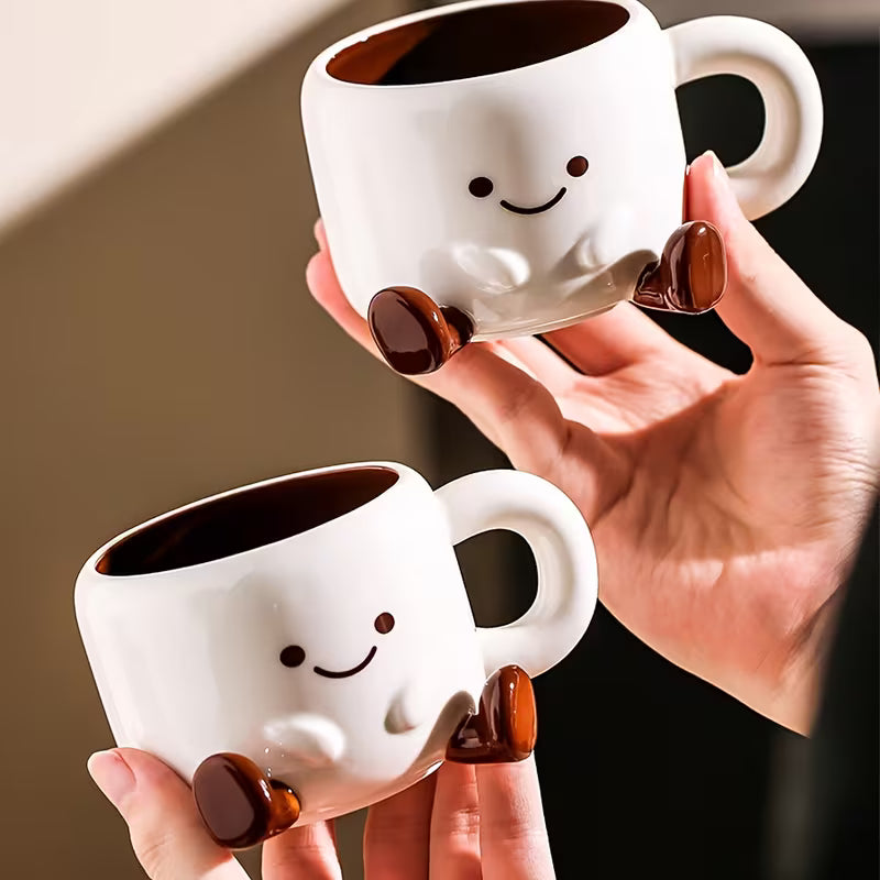 Koffiekopje met Schoteltje Keramiek Handgeschilderd Cartoon Gezichtje Wit Bruin 250ml