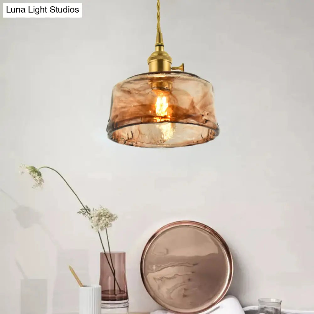 Vintage Hanglamp met Kegelkap in Glas – Messing/Koper Armatuur voor Woonkamer & Eetkamer