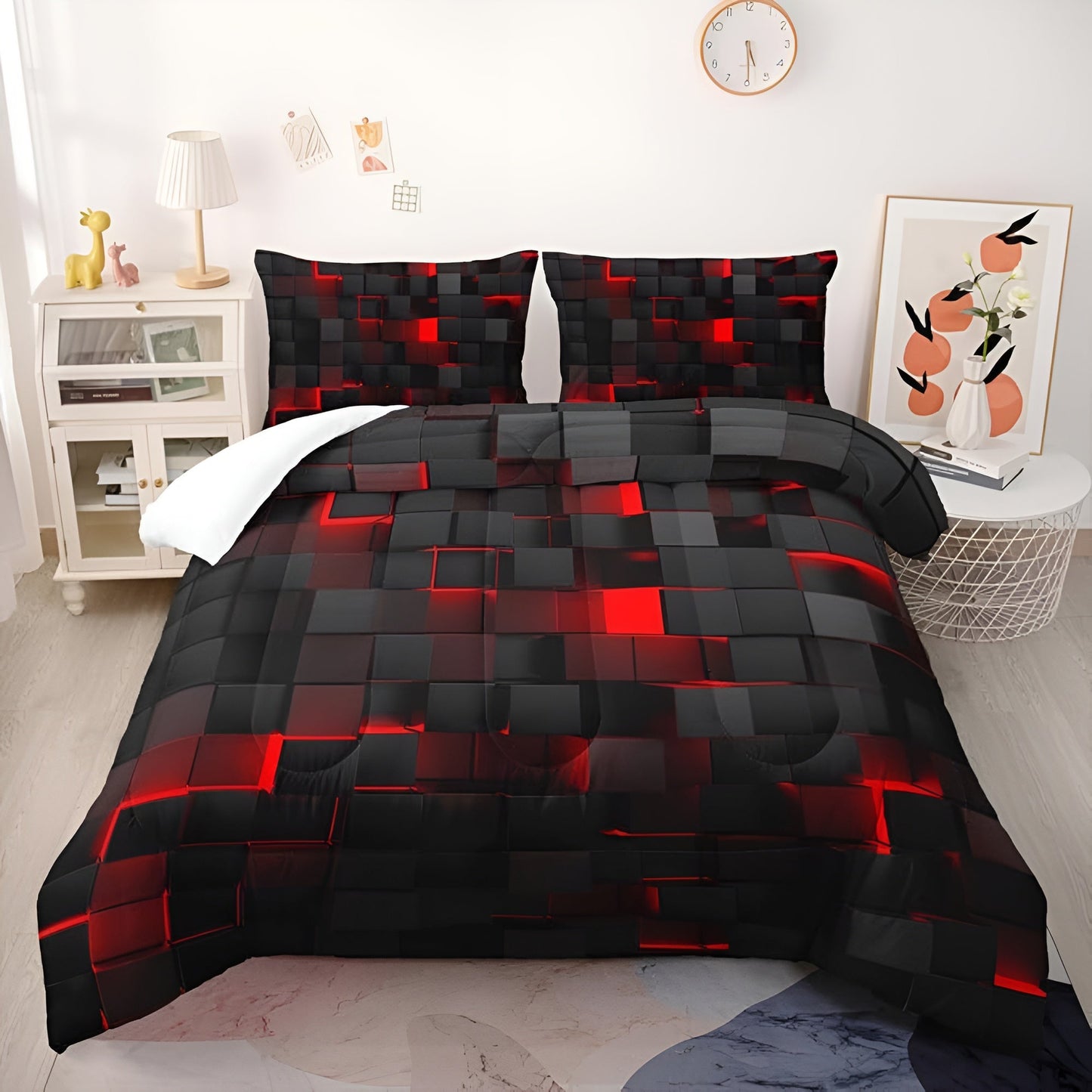 Geometrisch Dekbedovertrek Set met Neon 3D Grid Print | Ademend Microfiber Katoen voor Comfortabele Slaap | Modern Slaapkamer Textiel in Meerdere Kleuren Twin Full Queen King