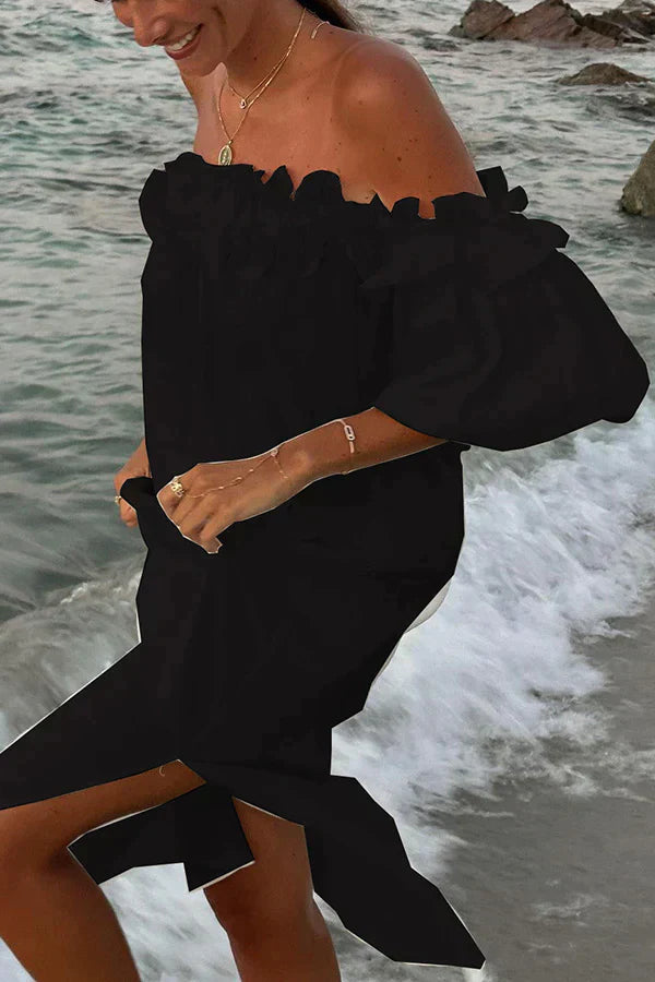 Zomerjurk Linnen Off-the-Shoulder Ruches Vrouwenjurk