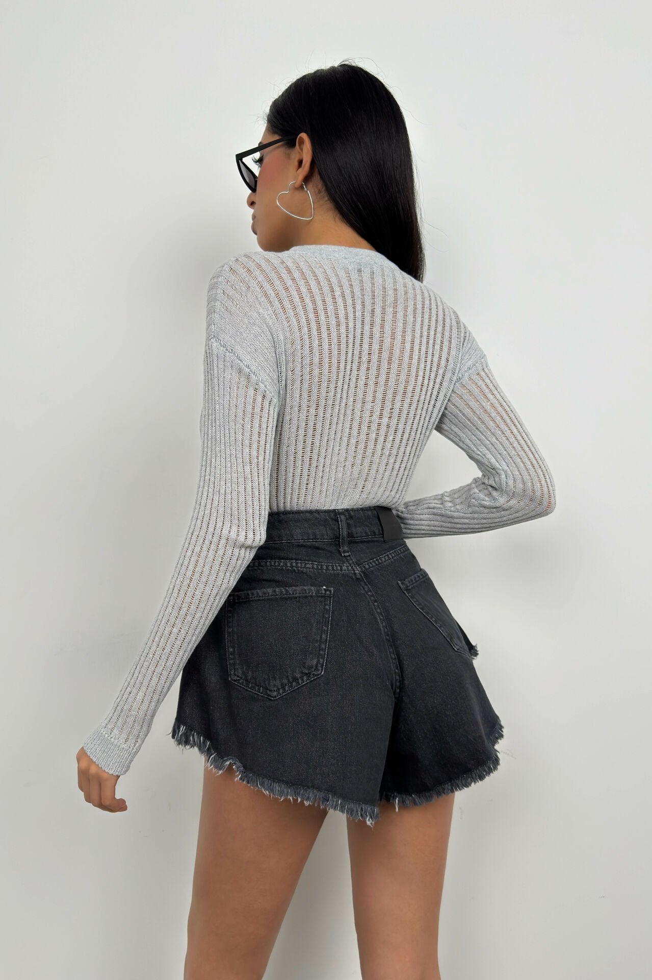 Dames Blouse Grijze Geribbelde Stof met Doorzichtige Mouwen