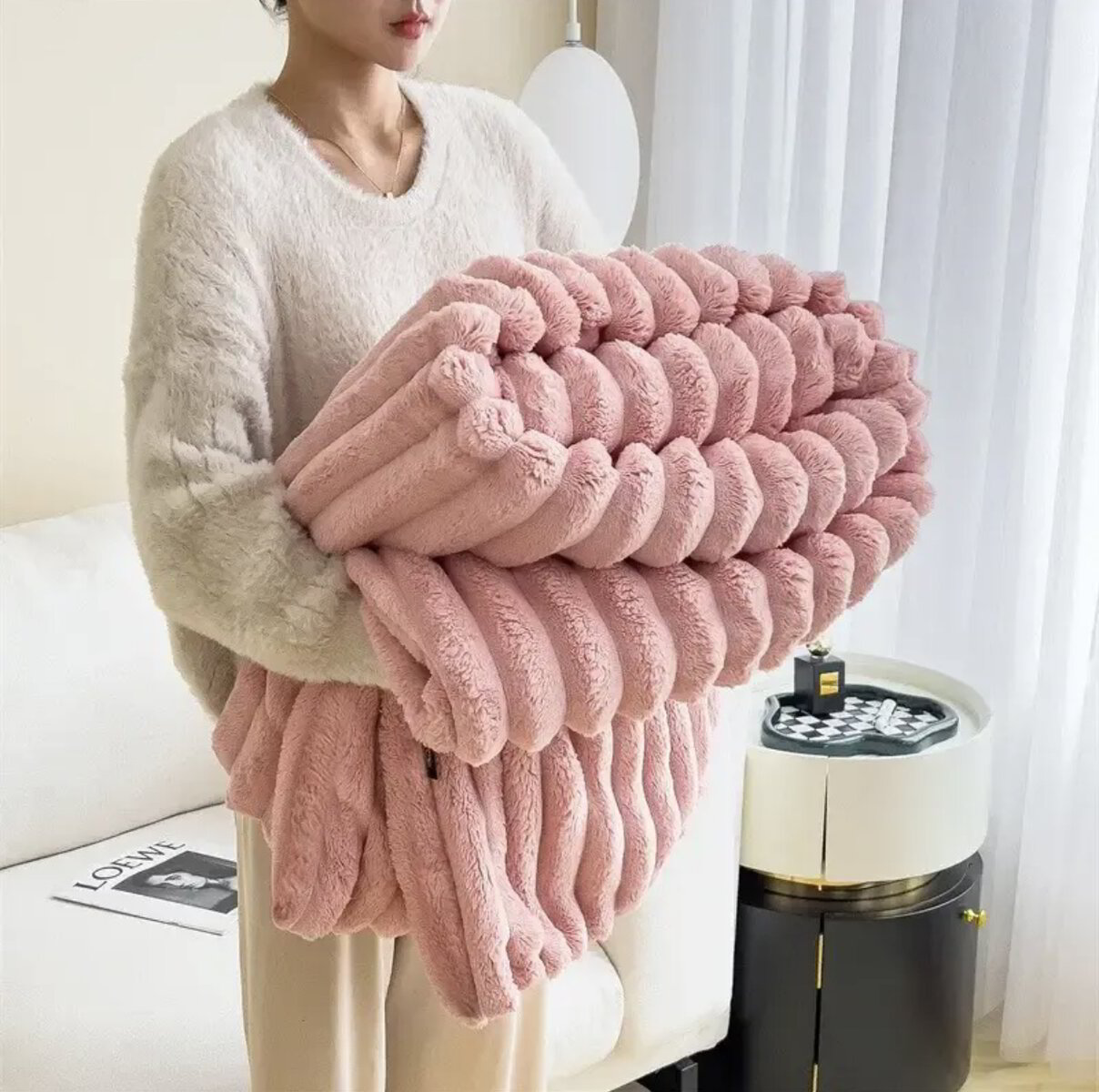 Plaid Imitatiebont Zacht Warm Crème Bank Bed Woonkamer Slaapkamer Decoratieve Deken Fluffy Plaid