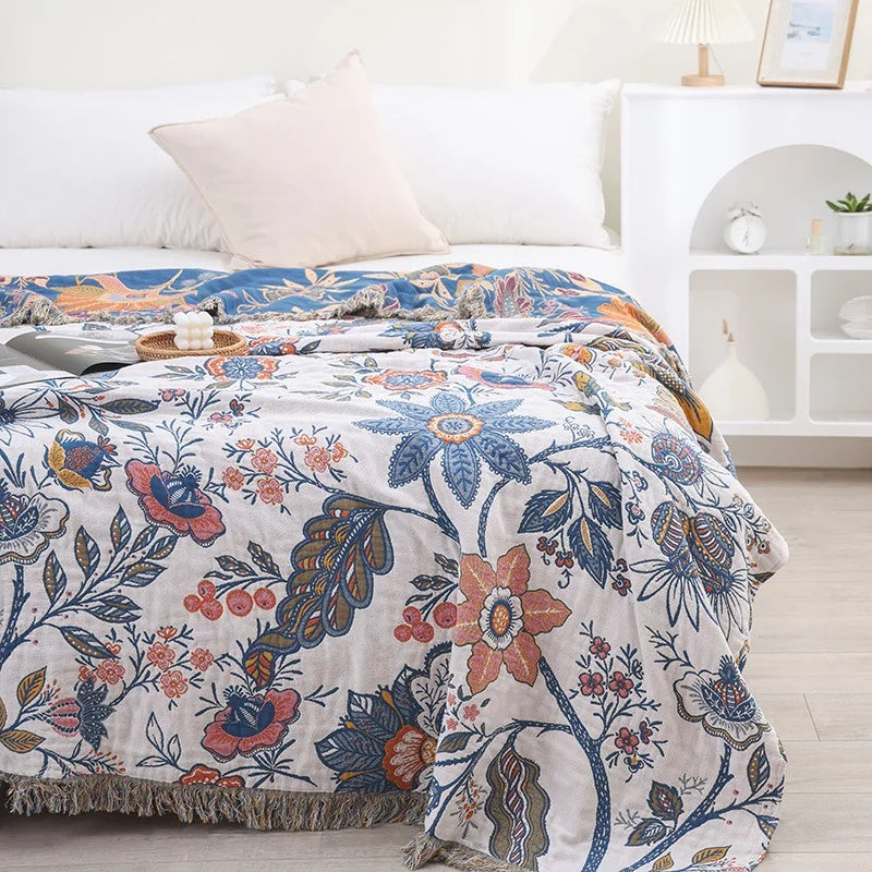 Jacquard Katoenen Plaid met Bloemenprint en Kwastjes – Zacht Reversibel Banklaken – Scandinavisch Geïnspireerde Woondeken