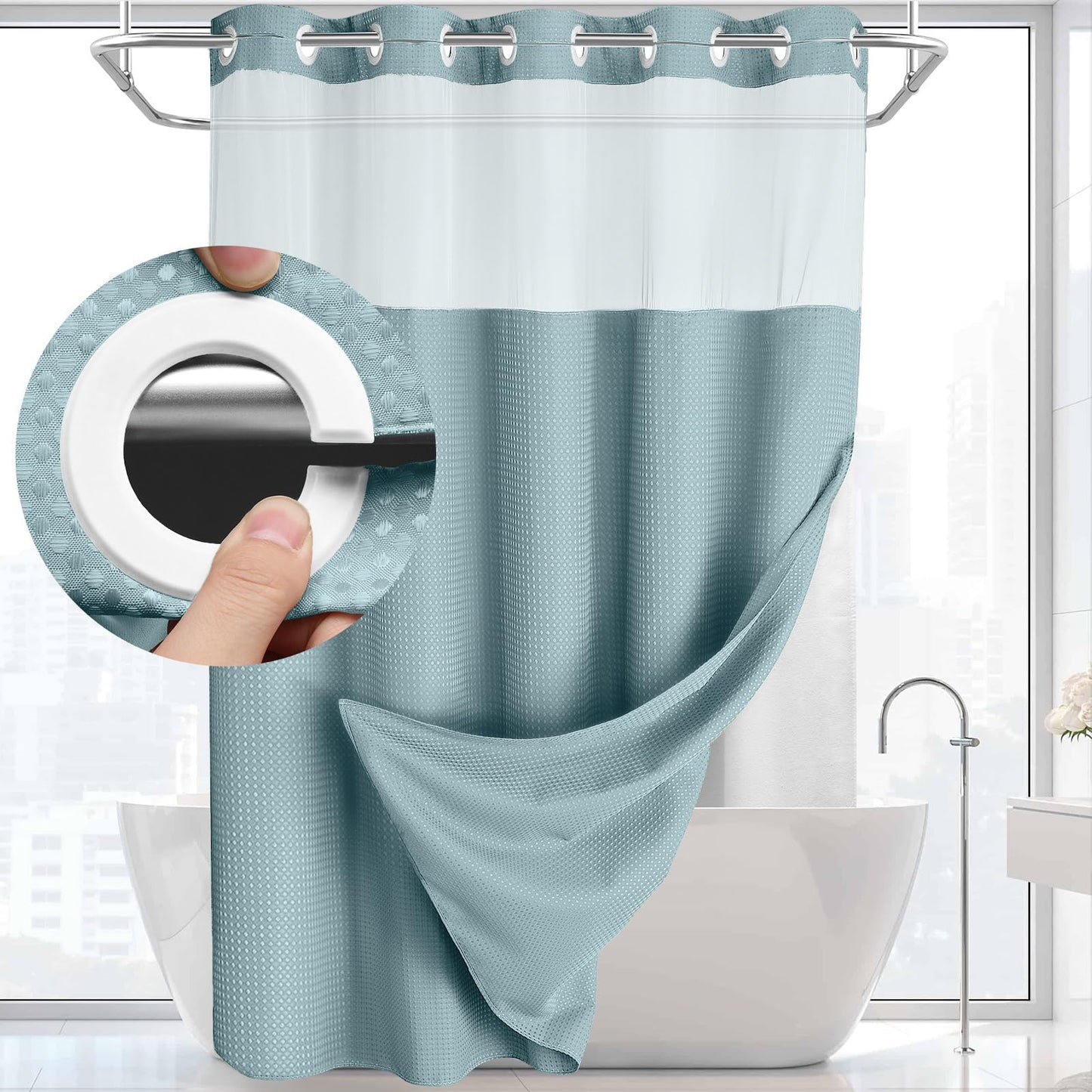 Douchegordijn zonder Ringen met Ingebouwde Liner – Wafeldoek voor Badkamer
