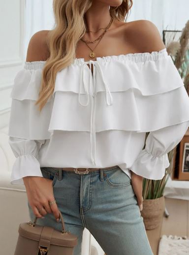 Vrouwelijke Blouse Blote Schouders met Ruches Zomer Jurk Stijl