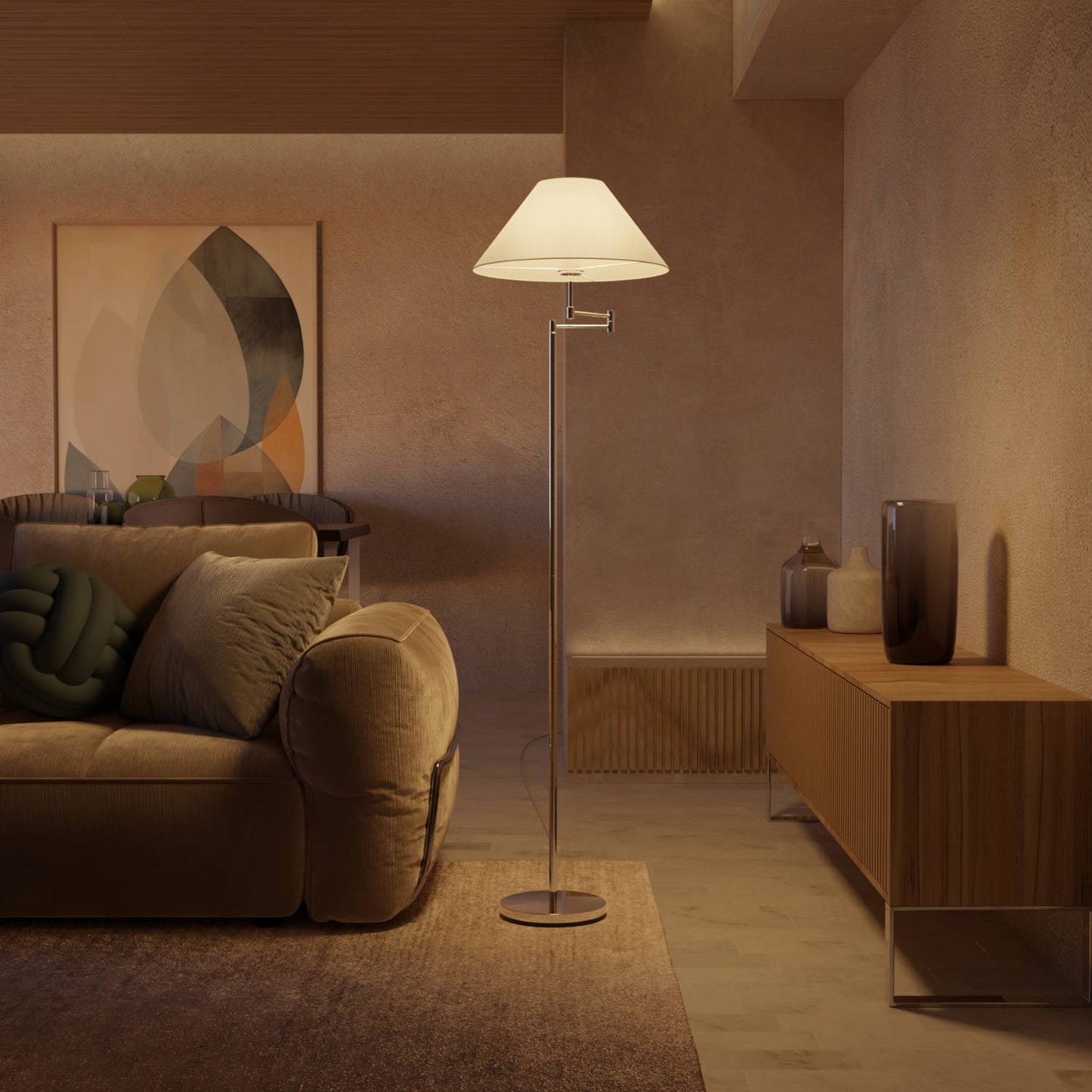Elegante chromen vloerlamp met verstelbare arm en leesfunctie